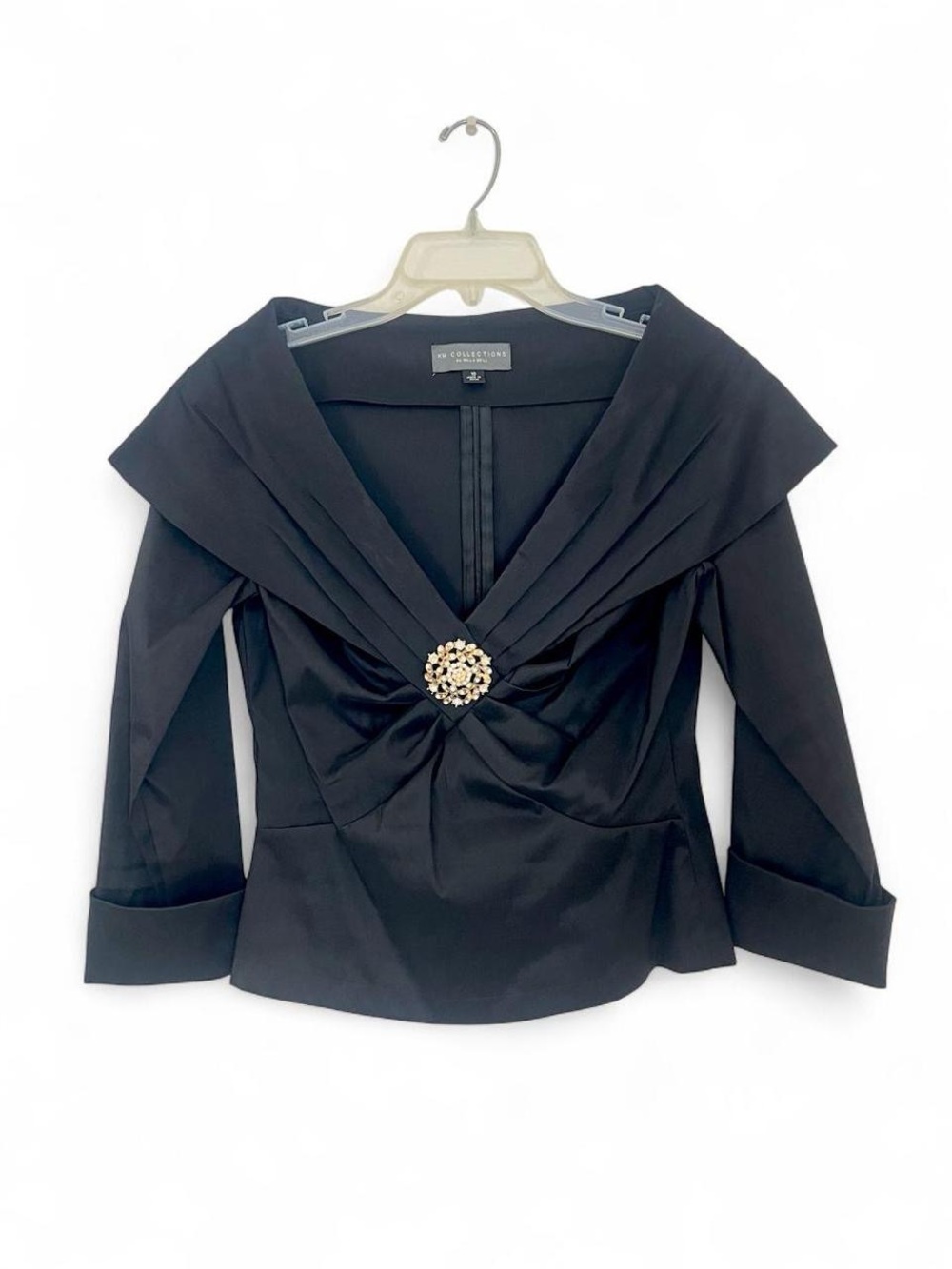 Km Collections Black Satin V-Neck Peplum Top with Brooch